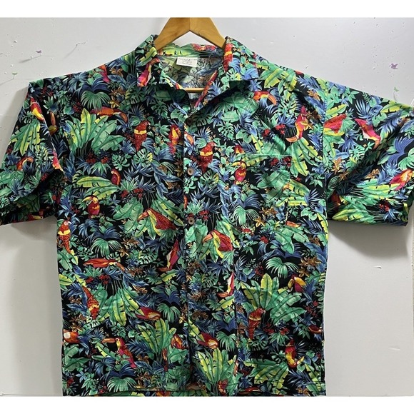 Vintage Toucan Dance Fast Lane Hawaiian Shirt Mens Large Floral Cotton Bold Neon - Picture 1 of 4